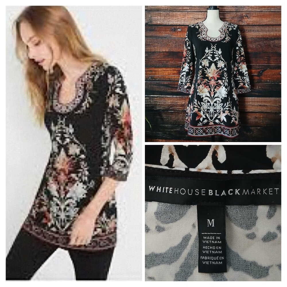 White House Black Market Tunic Top M Embroidered Yoke Collar Black Floral